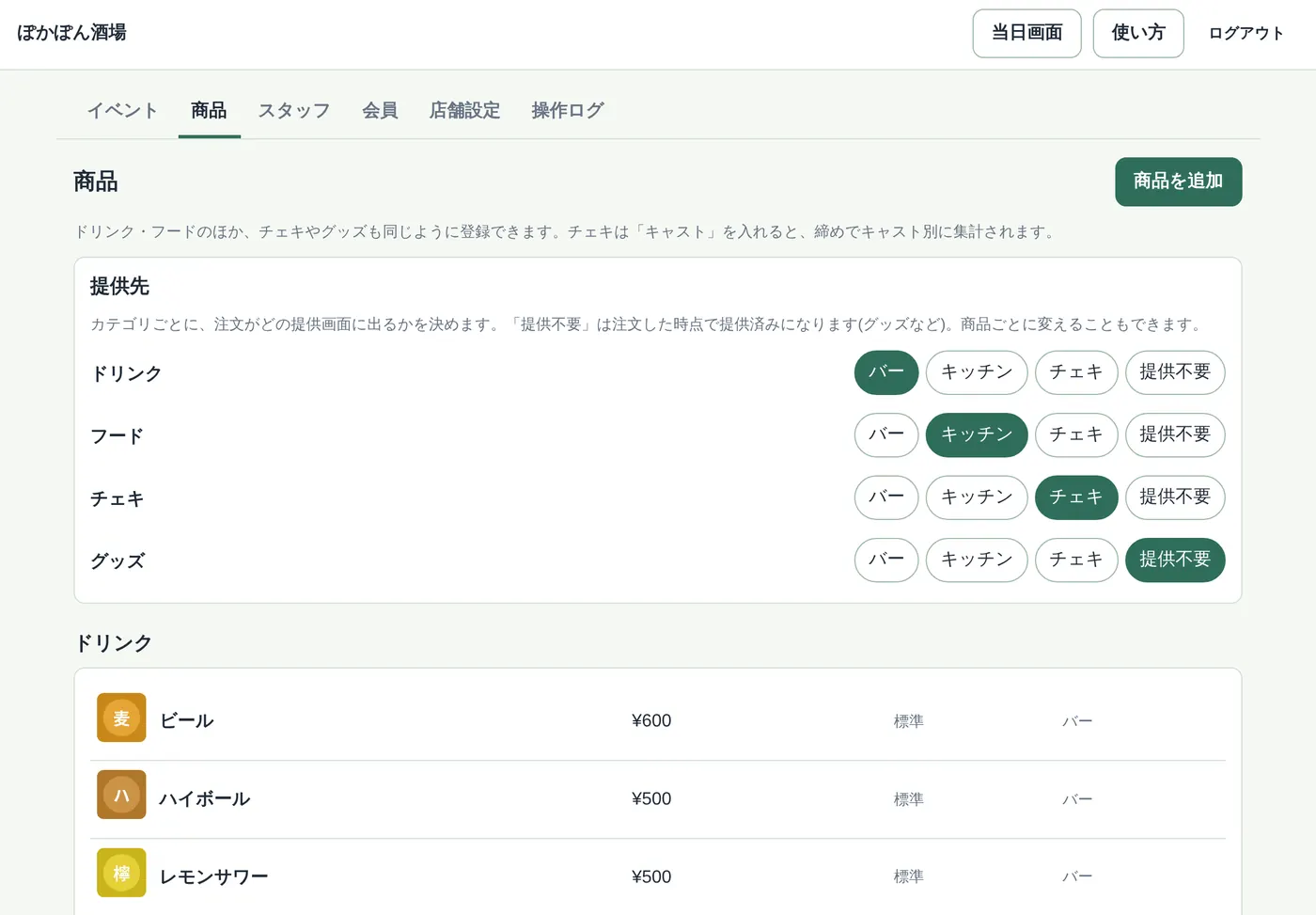 管理画面の商品タブ。カテゴリごとの提供先と、写真つきの商品一覧
