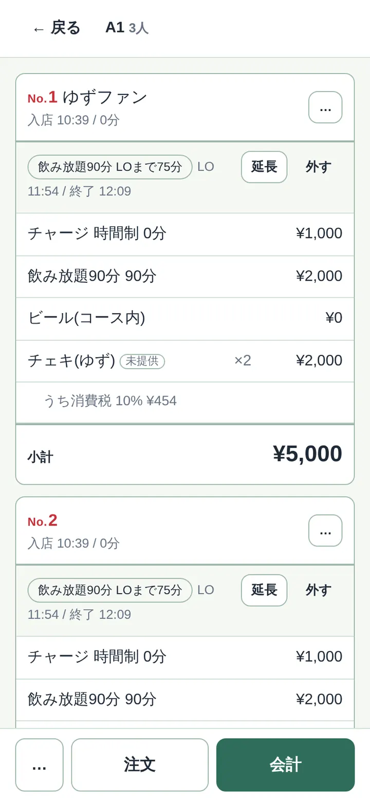 席の伝票。客票ごとのチャージ・飲み放題・注文と小計