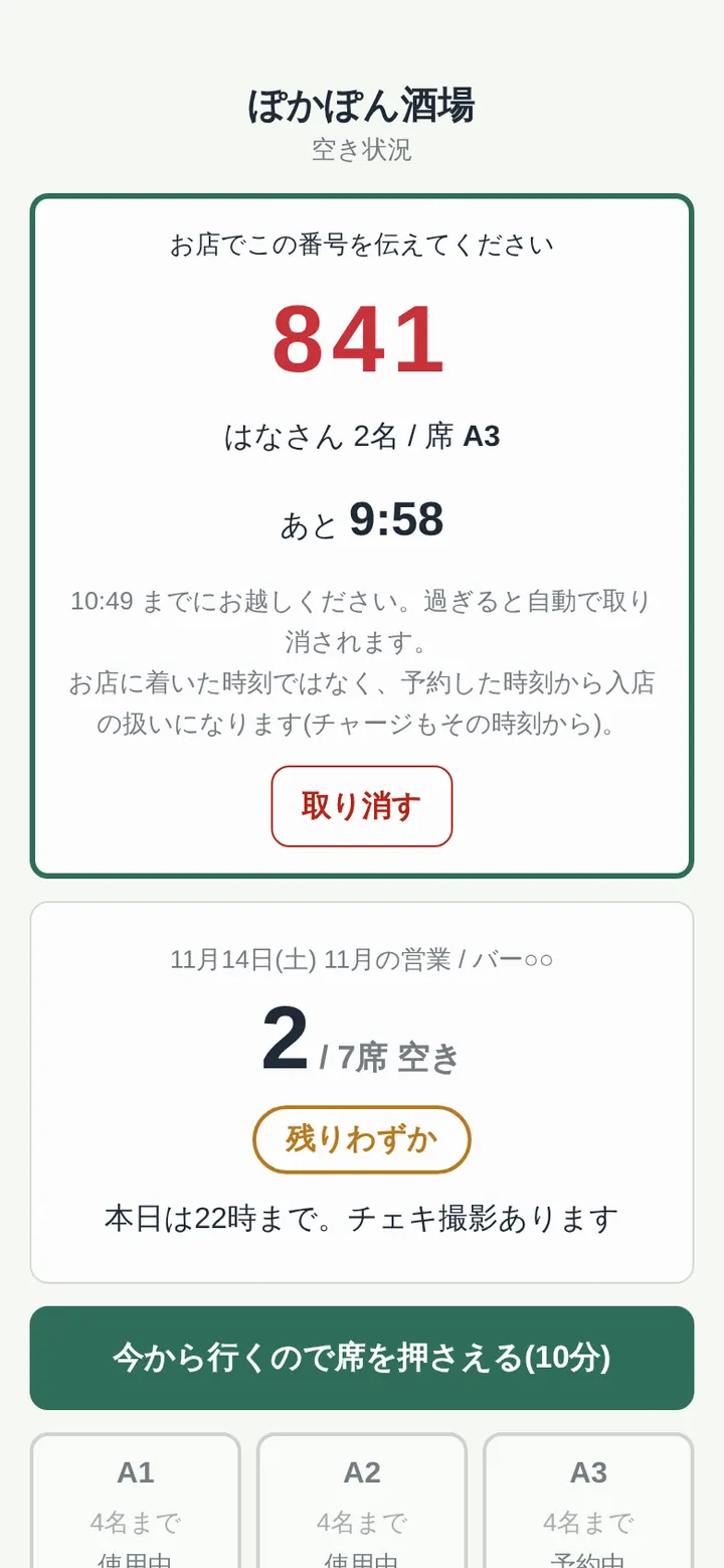 押さえた席の予約番号と残り時間
